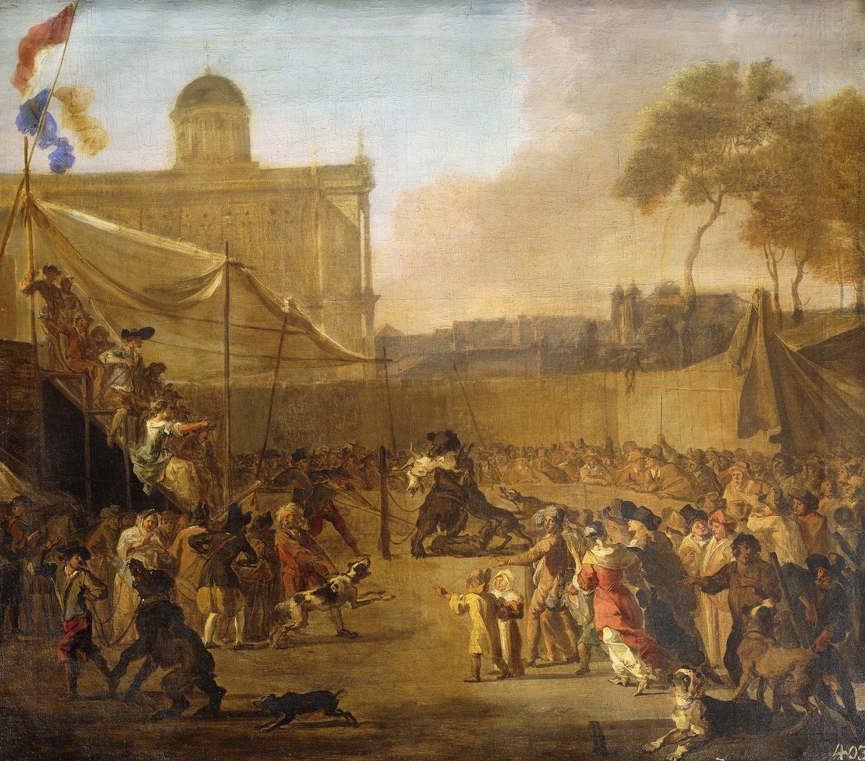 Uma multidão assistindo isca de urso em uma praça da cidade, de Abraham Danielsz. Hondius