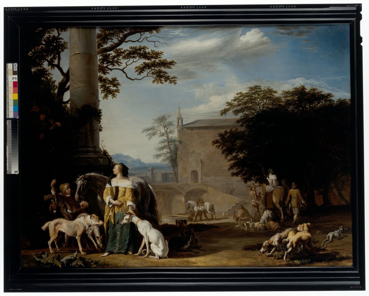 Uma paisagem arborizada com caçadores e os seus animais a descansar num bebedouro de Abraham Danielsz. Hondius