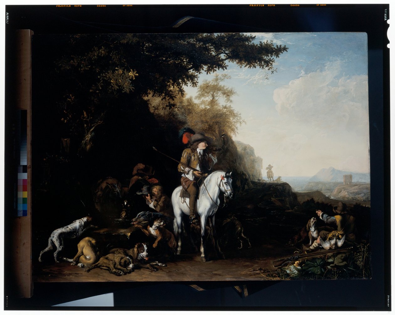 Uma paisagem extensa com um grupo de caçadores a descansar junto a um bebedouro e um desportista a disparar de Abraham Danielsz. Hondius
