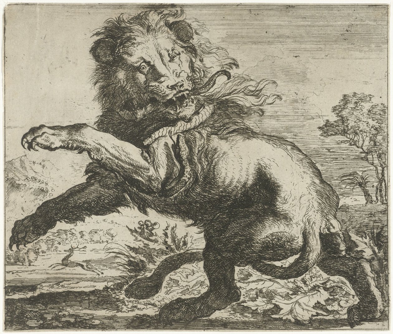 Leão e cobra lutando Animais diferentes (título da série) de Abraham Danielsz. Hondius