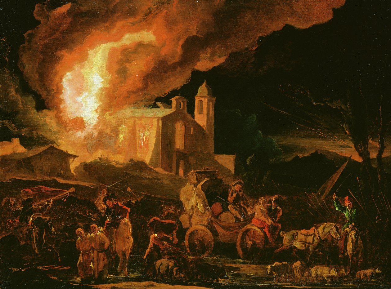 Soldados a saquear um mosteiro em chamas (óleo sobre painel) de Abraham Danielsz. Hondius