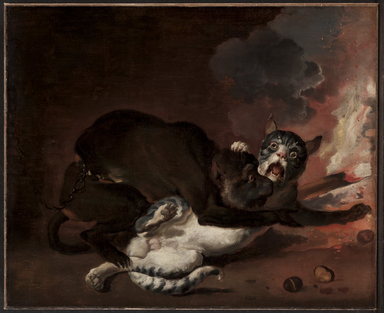 O Macaco e o Gato, provavelmente 1670s (óleo sobre tela) de Abraham Danielsz. Hondius