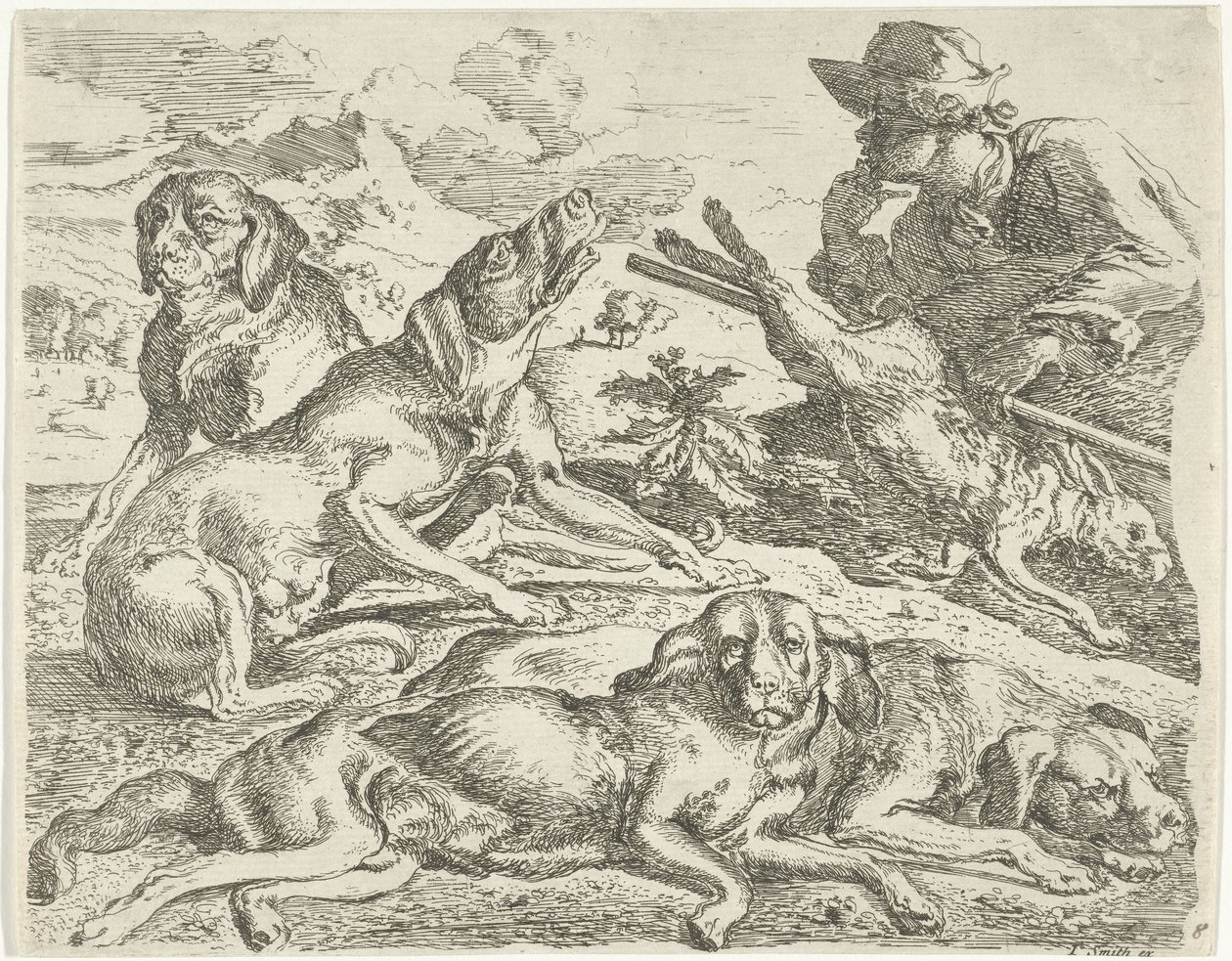 Quatro cães, um caçador e uma lebre de Abraham Danielsz. Hondius