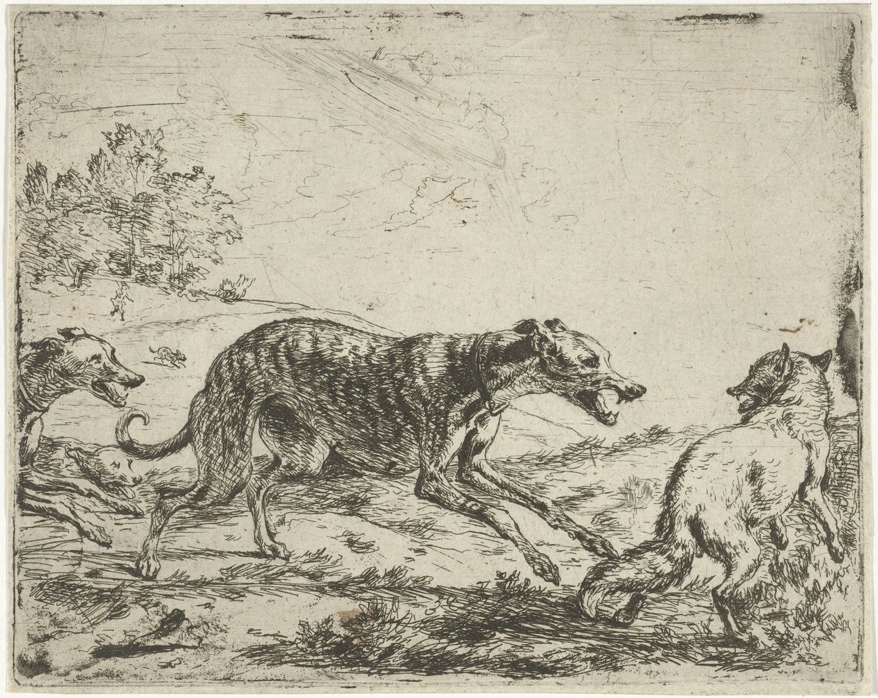 A raposa e os três cães de Abraham Danielsz. Hondius