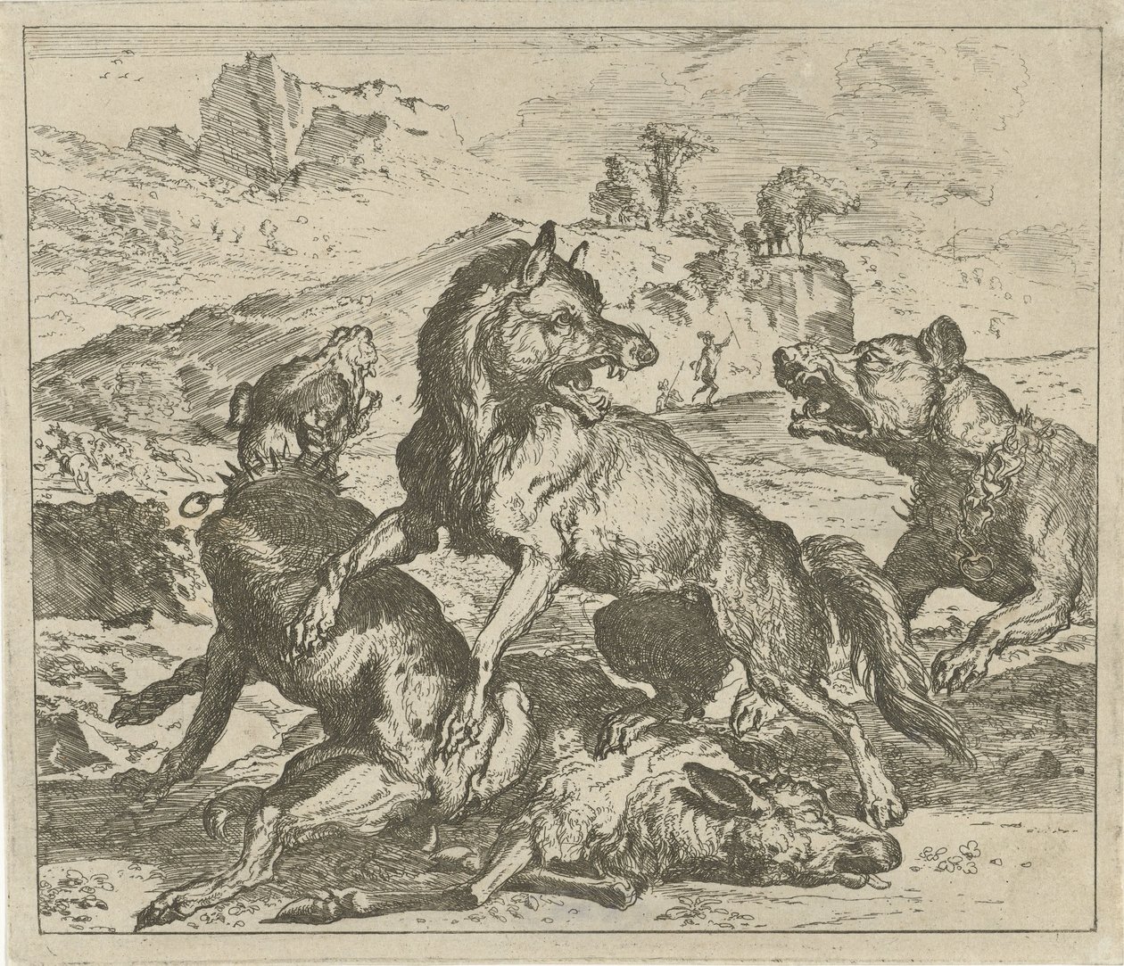 Lobo atacado por cães Animais diferentes (título da série) de Abraham Danielsz. Hondius