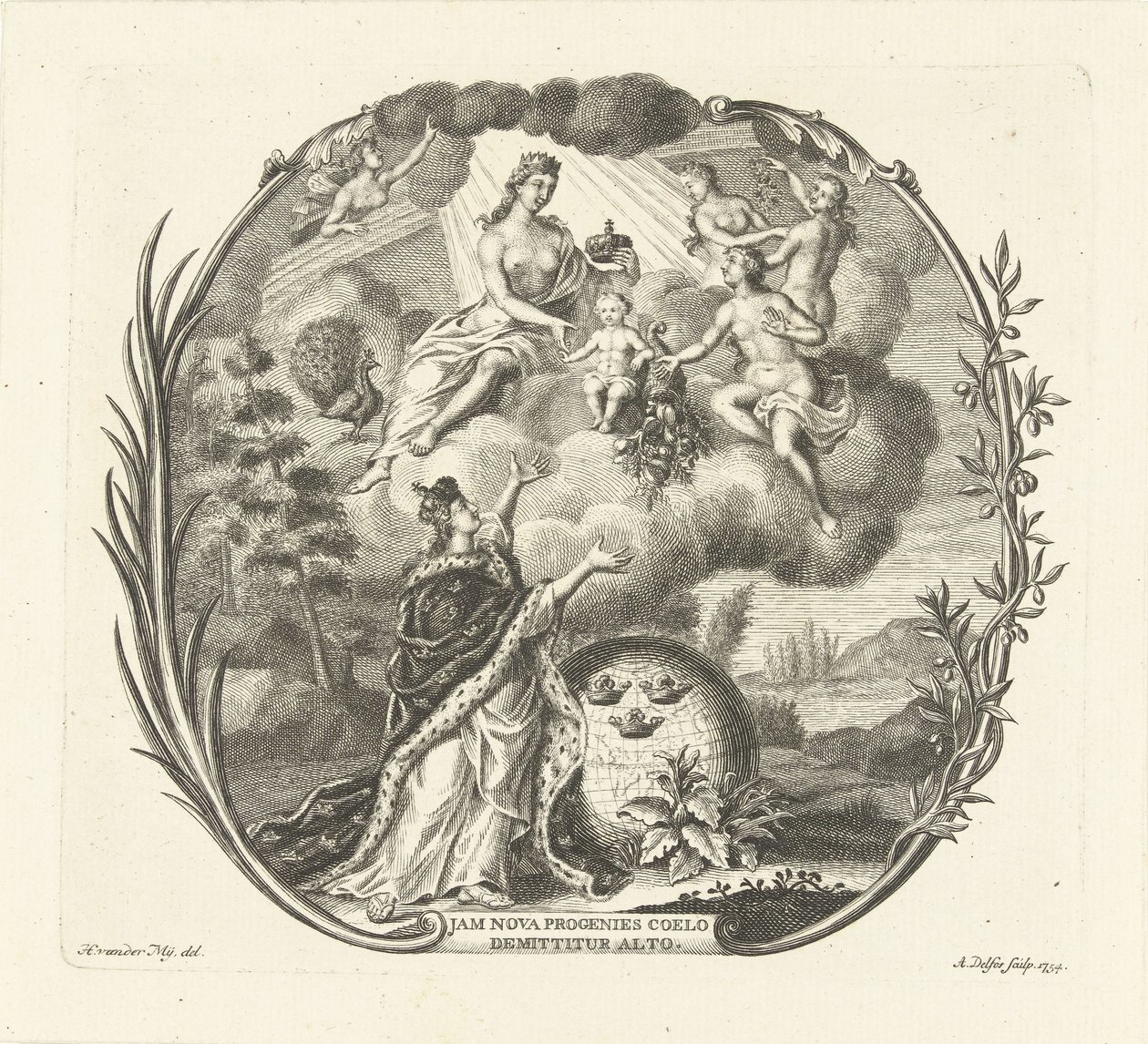 Alegoria do nascimento de uma criança com Juno e Abundância de Abraham Delfos