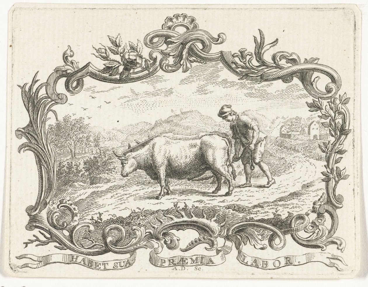 Agricultor que lavra um campo com dois bois, em cartucho de Abraham Delfos