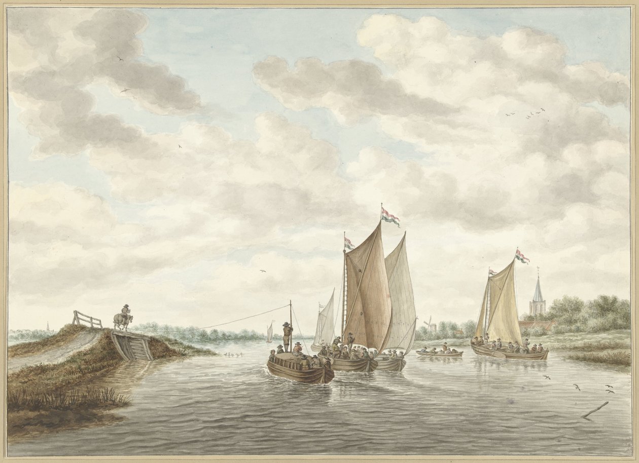Paisagem fluvial com várias barcaças de Abraham Delfos