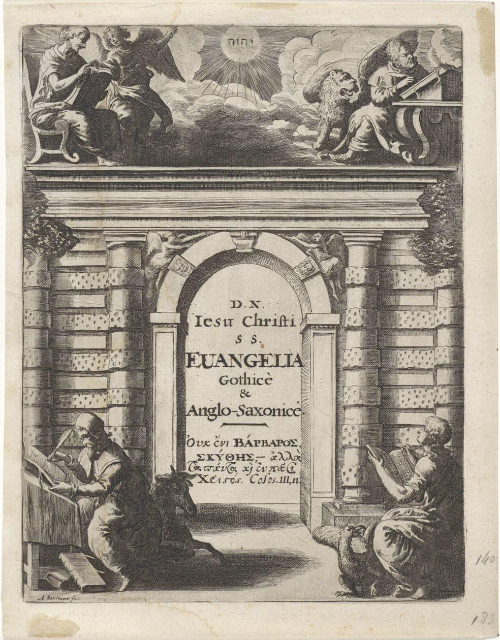 Quatro evangelistas em torno de um portão Página de rosto para: Junius, Franciscus e Marshall, Thomas. Quatuor D. N. Jesus Christi S.S. Evangelia Gothicè e Anglo-Saxonicè, 1665 de Abraham Dircksz. Santvoort