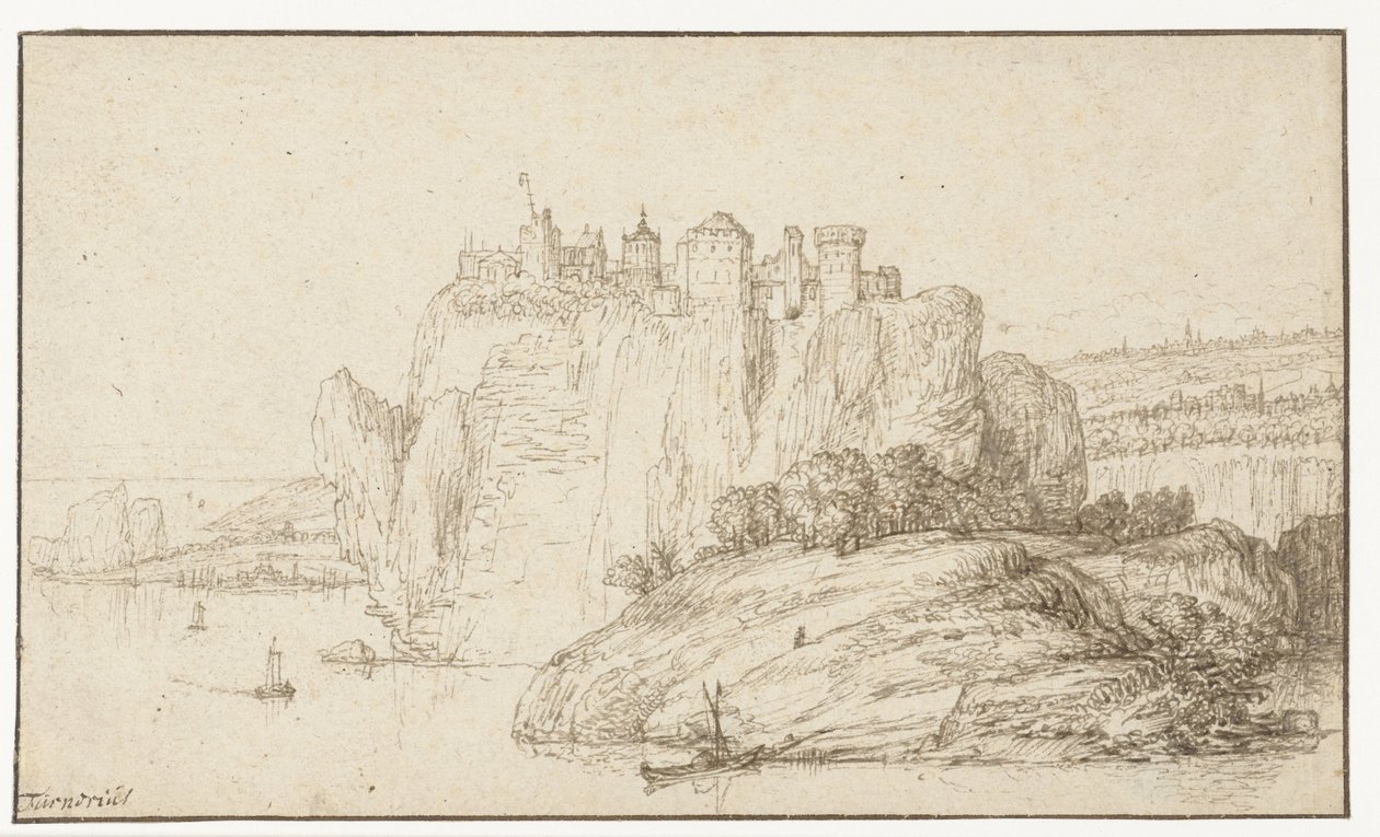 Castelo em uma rocha em uma paisagem fluvial de Abraham Furnerius