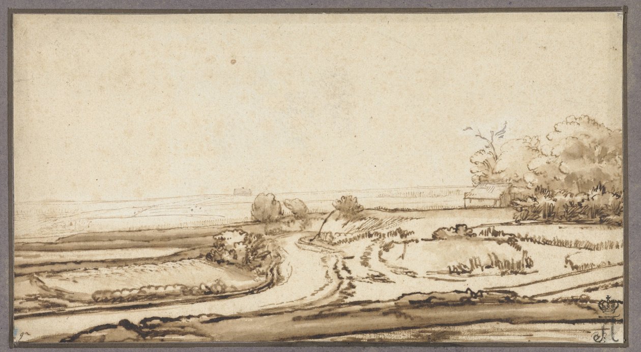 Paisagem rolante com estrada e casa à beira da floresta de Abraham Furnerius