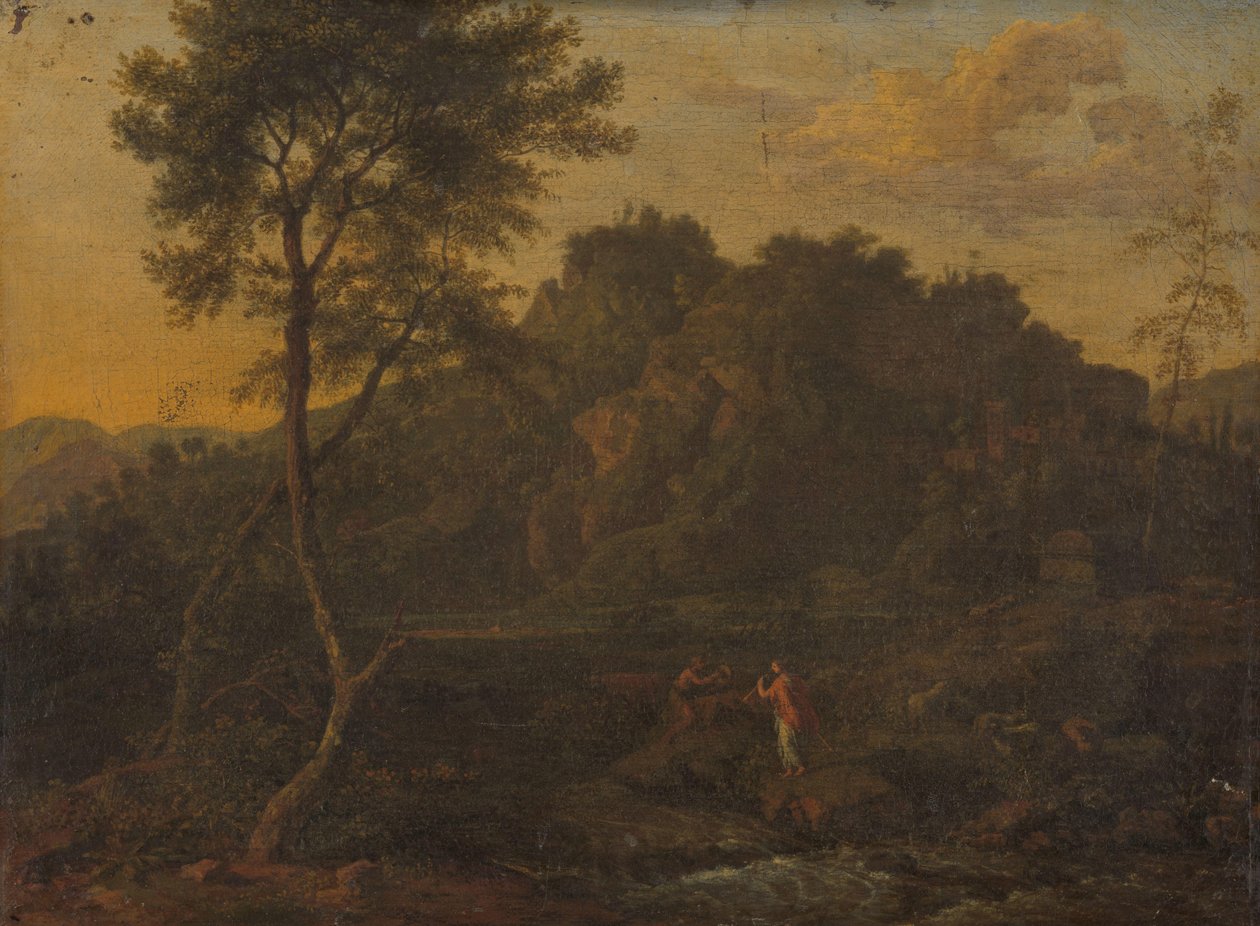 Ninfa e pastor fazendo música em uma paisagem de Abraham Genoels (attributed to)