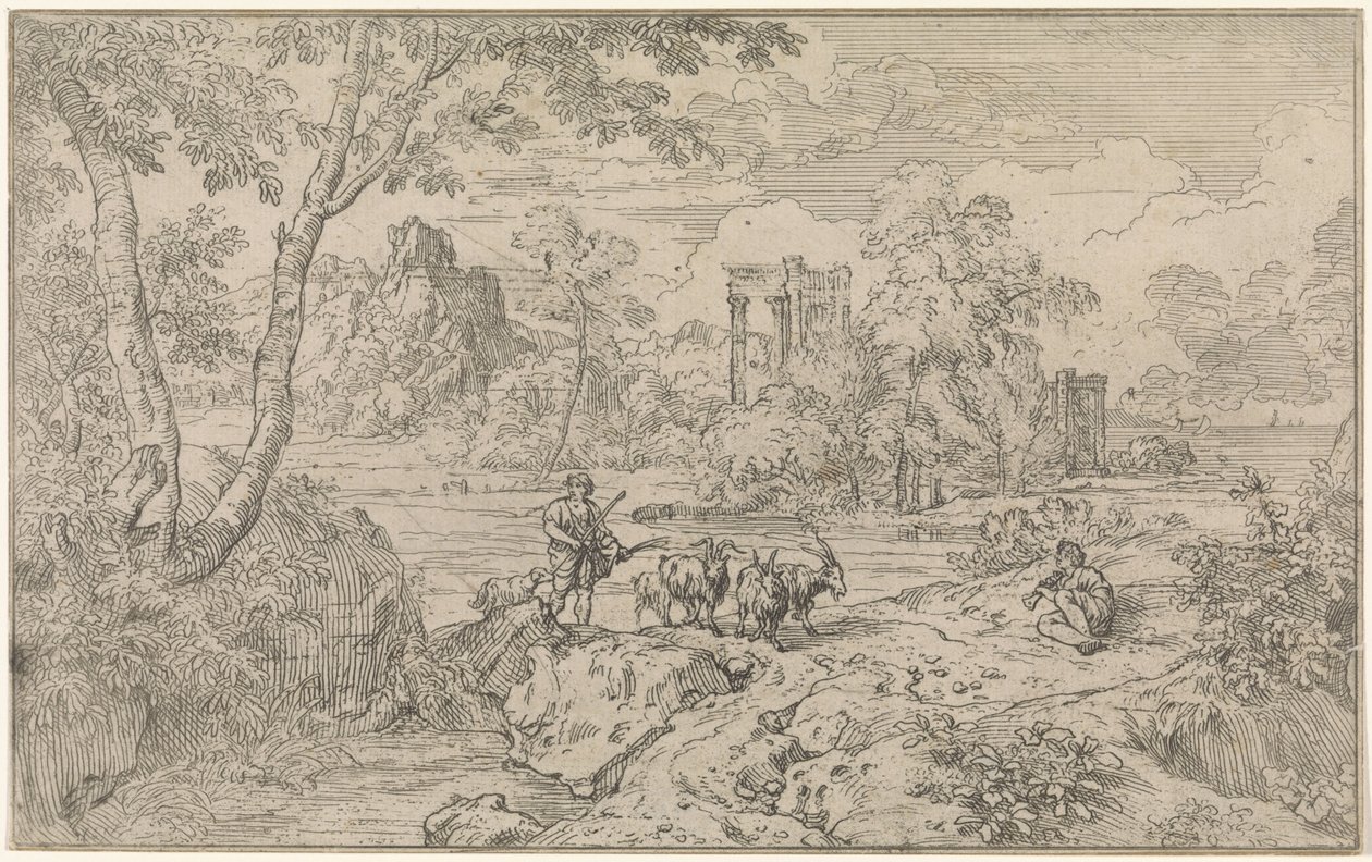 Paisagem Arcadian com Goatherd de Abraham Genoels