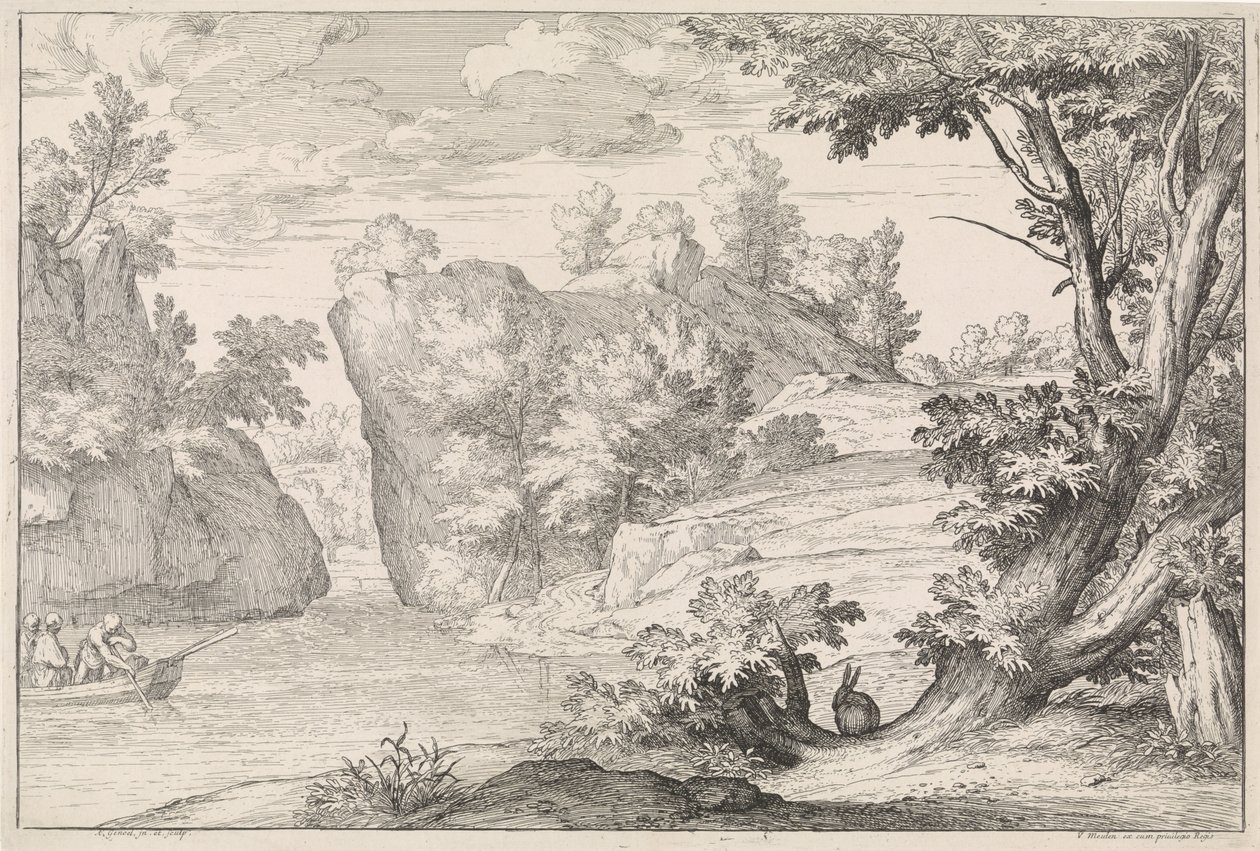 Paisagem fluvial com uma lebre de Abraham Genoels