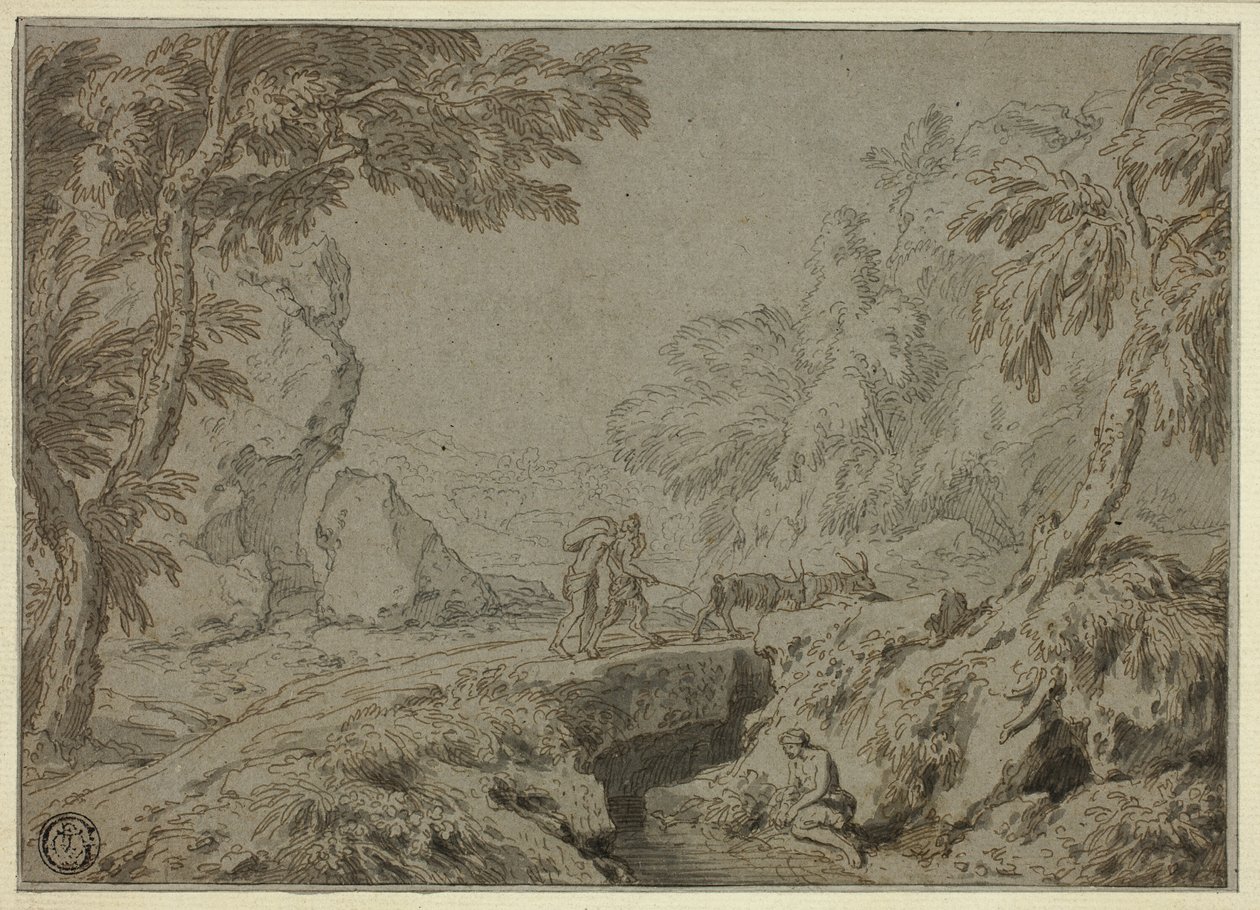 Paisagem com sátiro, cabras e outras figuras de Abraham Genoels II
