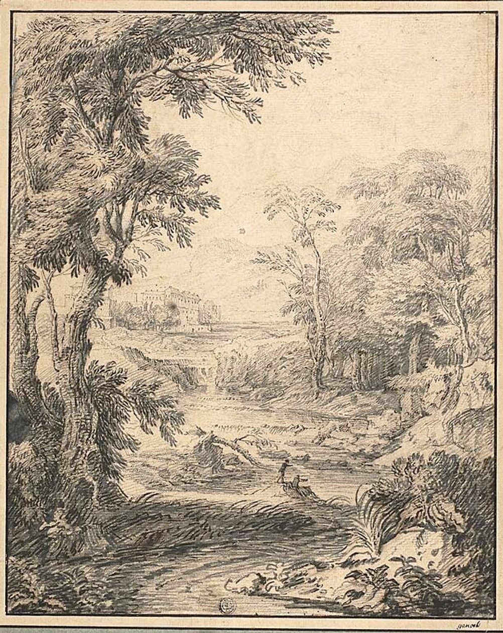 Paisagem fluvial com duas figuras em primeiro plano e um castelo à distância de Abraham Genoels II