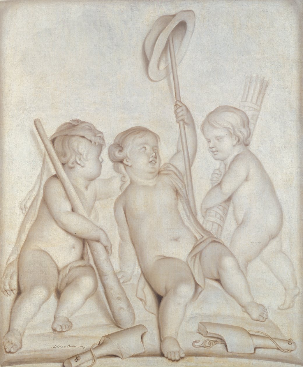 Os Três Querubins (grisaille), Putti com os atributos de Hércules e Mercúrio, 1767 de Abraham Hendrick van Beesten