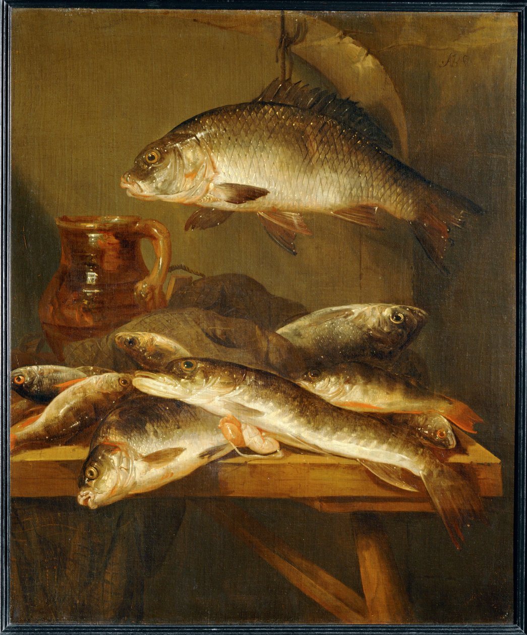 Natureza morta com carpa ... de Abraham Hendricksz van Beyeren
