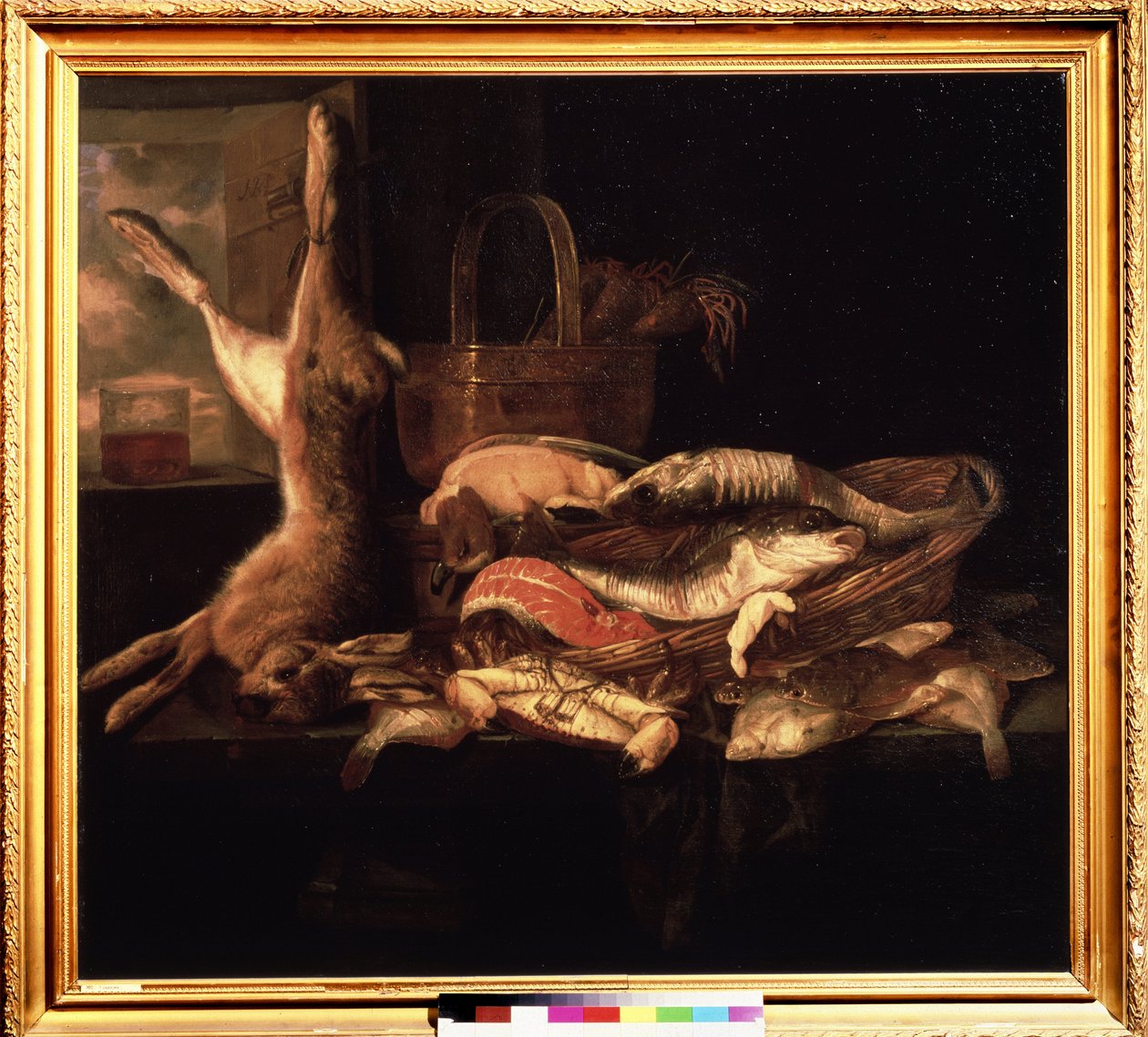 "Natureza morta com peixes e uma lebre morta" Pintura de Abraham Hendricksz van Beyeren (1620/21-1690) (ec. holl.) Museu Pushkin do século XVII, Moscou de Abraham Hendricksz van Beyeren