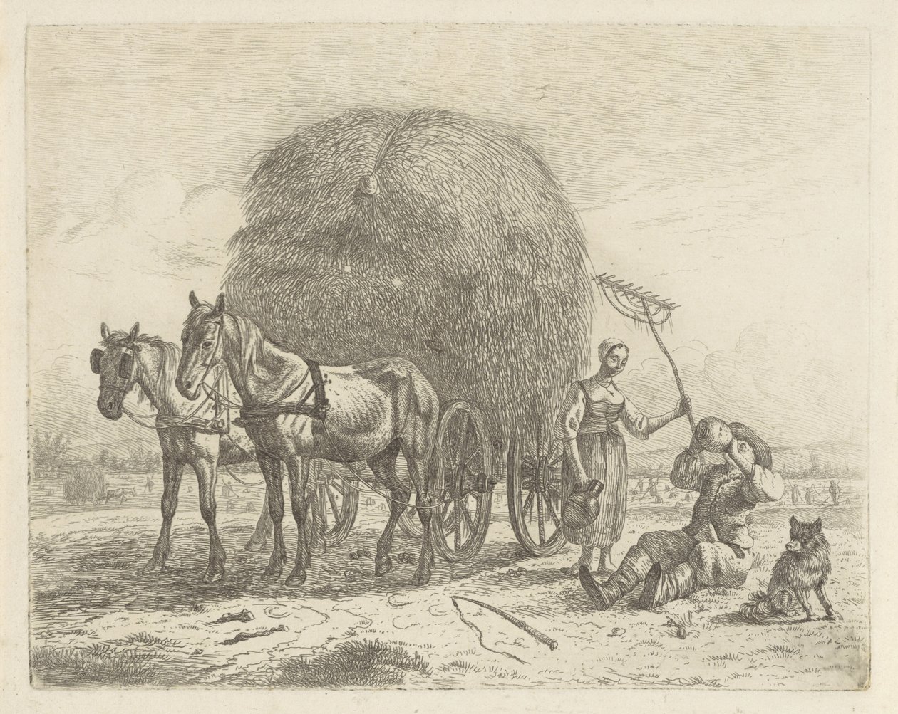 Agricultor que bebe perto de uma carroça de feno de Abraham Hendrik Winter