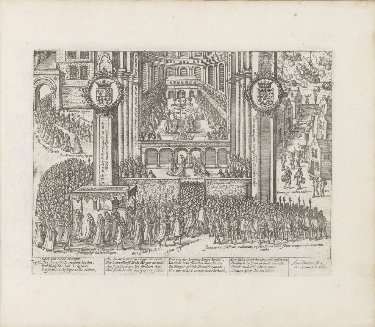 Vista do exterior da Abadia de Westminster durante a coroação de James I, 1603-1604. de Abraham Hogenberg