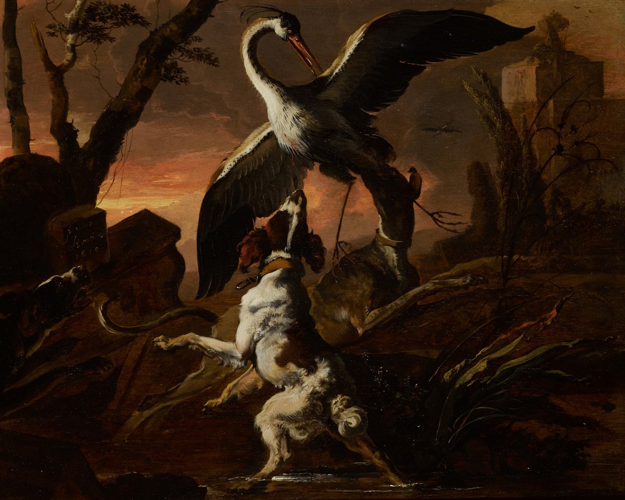 Três cães a atacar uma grua numa paisagem de Abraham Hondius