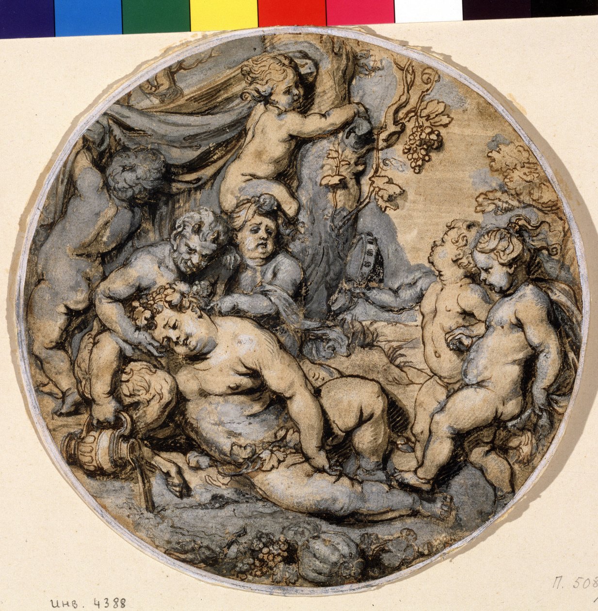 ""Bacchus endormi"" (Sleeping Bacchus) Ele está cercado por putti, sátiro Desenho a tinta de Abraham Jansz van Diepenbeeck (1596-1675) Museu Pushkin do século XVII, Moscou de Abraham Jansz. van Diepenbeeck