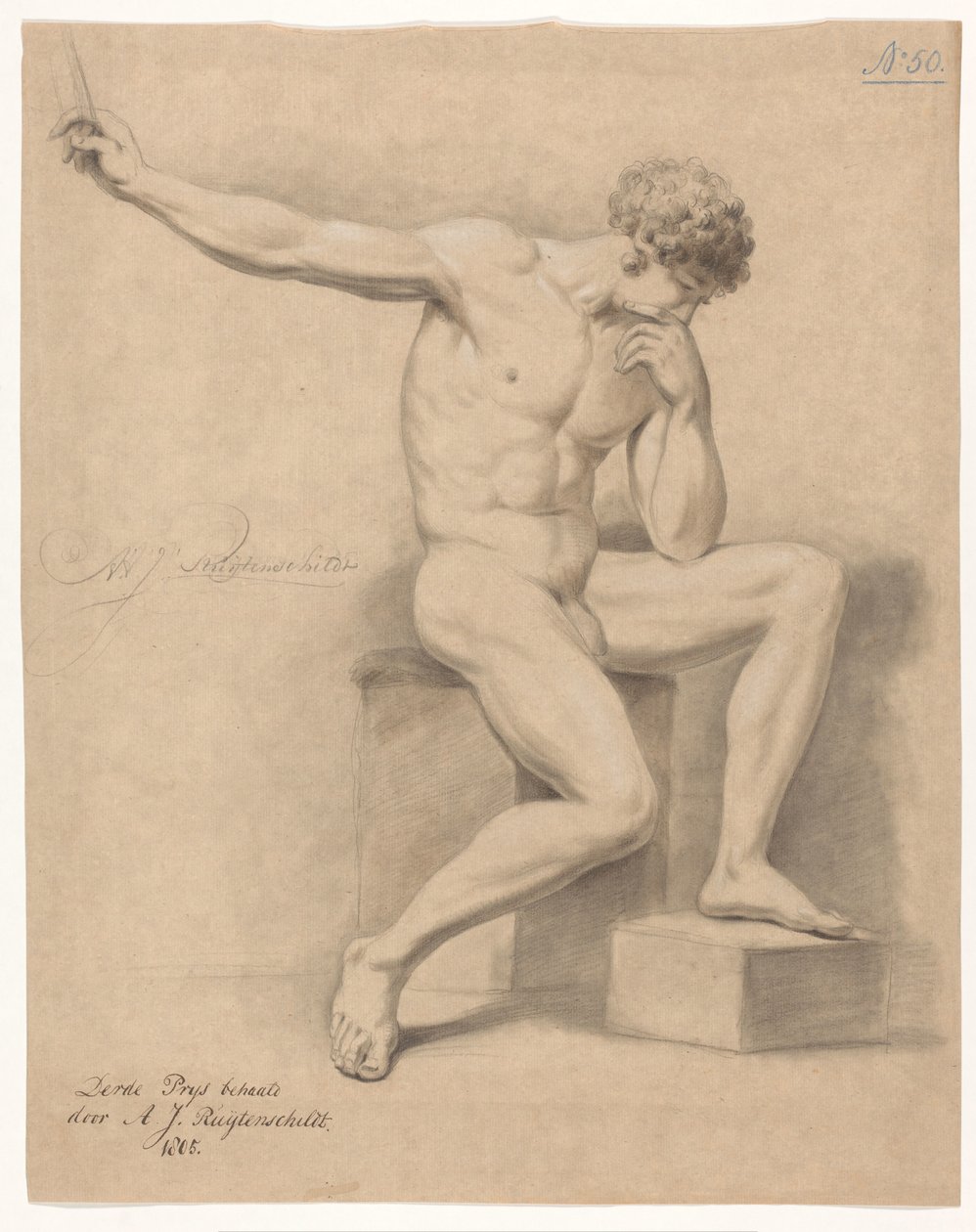 Nu masculino sentado, visto de frente (3º prémio 1805) de Abraham Johannes Ruytenschildt