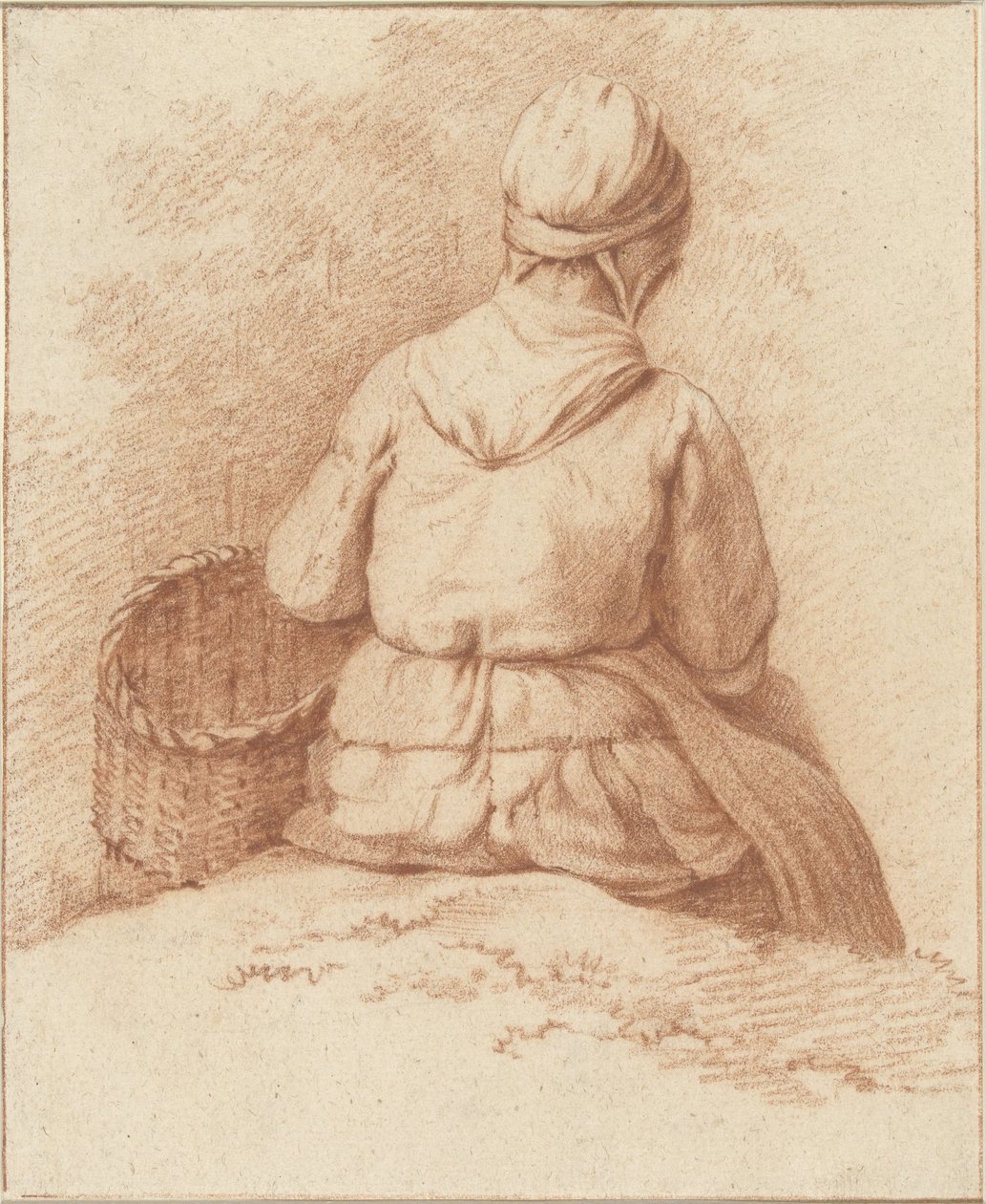 Pescadora sentada com uma cesta no braço, vista de trás de Abraham Johannes Ruytenschildt