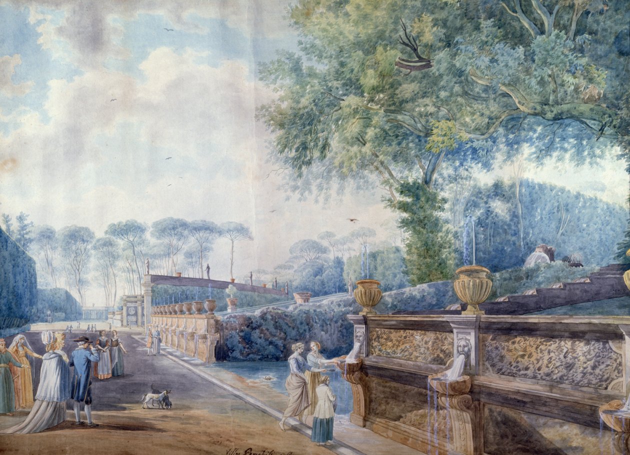 Os Jardins do Palazzo Doria Pamphili, Roma (caneta, tinta e aguarela) de Abraham L. Rudolph (attr. to) Ducros