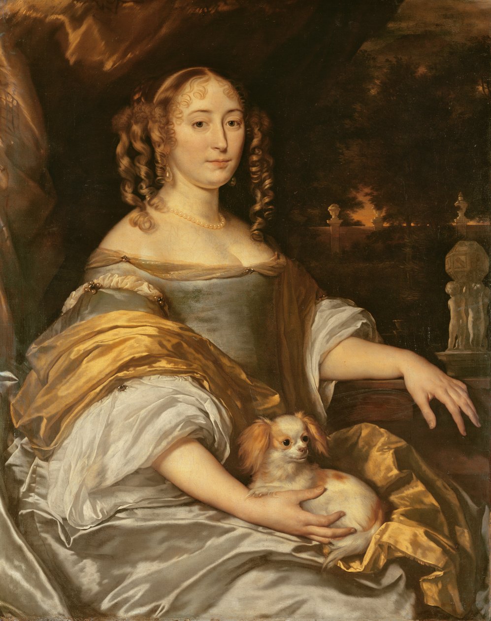 Retrato de uma jovem senhora de vestido azul com cãozinho de Abraham Lambertsz van den Tempel