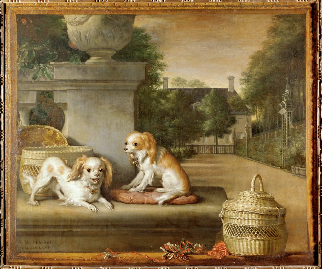 Dois cães num parque, cestos para cães e uma casa de campo de Abraham Lamberts Jacobsz van den Tempel