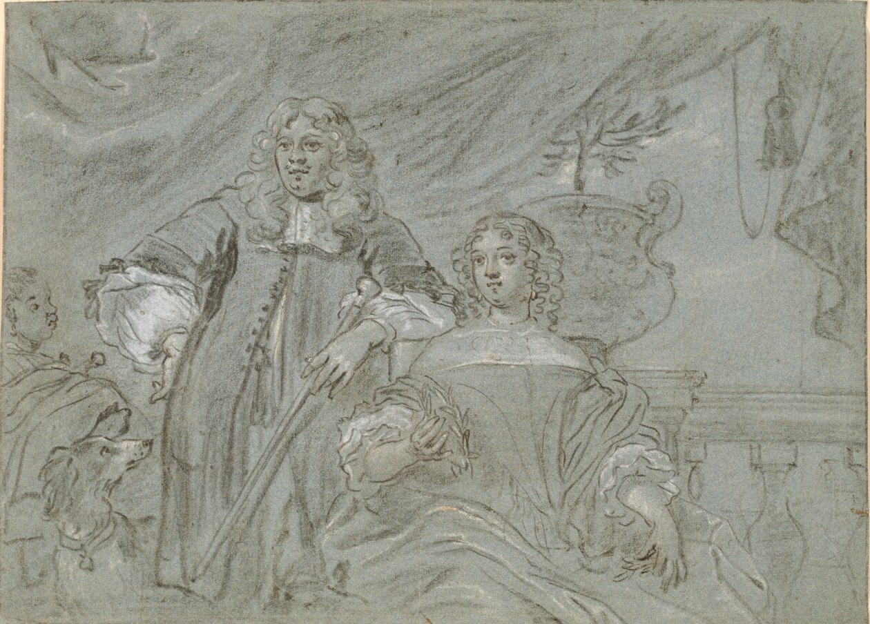 Grupo de uma senhora sentada e um cavalheiro de pé, figuras ajoelhadas. Ao fundo um negro africano e um cachorro, t.h. uma balaustrada de Abraham Lambertsz. van den Tempel
