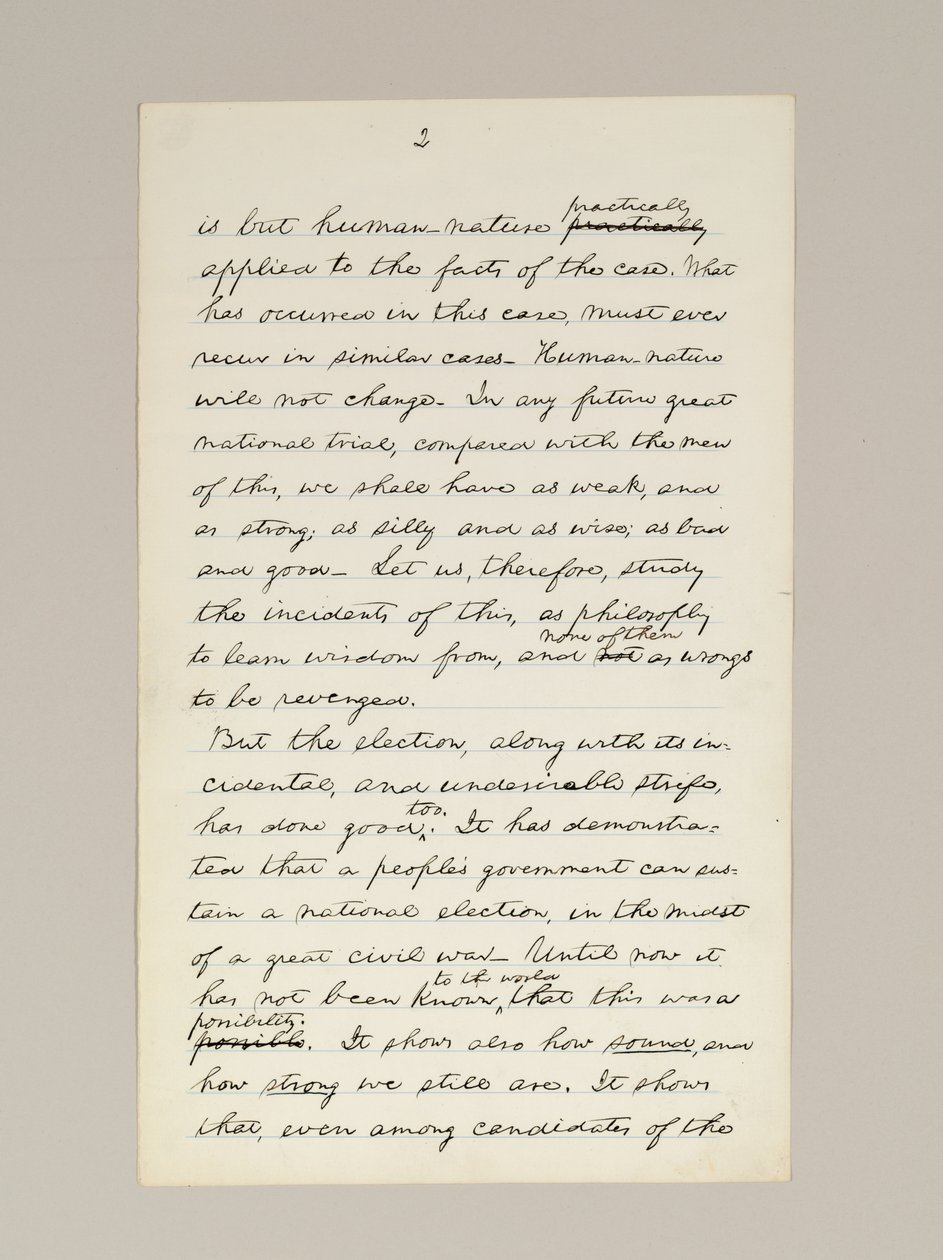 Manuscrito autógrafo do discurso de vitória de Lincoln na eleição como presidente, feito em Washington DC, da janela da Casa Branca na noite de 10 de novembro de Abraham Lincoln
