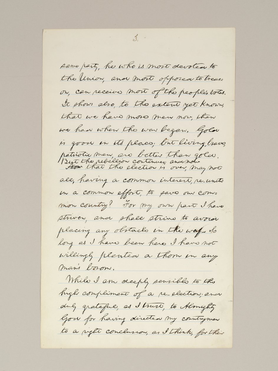 Manuscrito autógrafo do discurso de vitória de Lincoln na eleição como presidente, feito em Washington DC, da janela da Casa Branca na noite de 10 de novembro de Abraham Lincoln