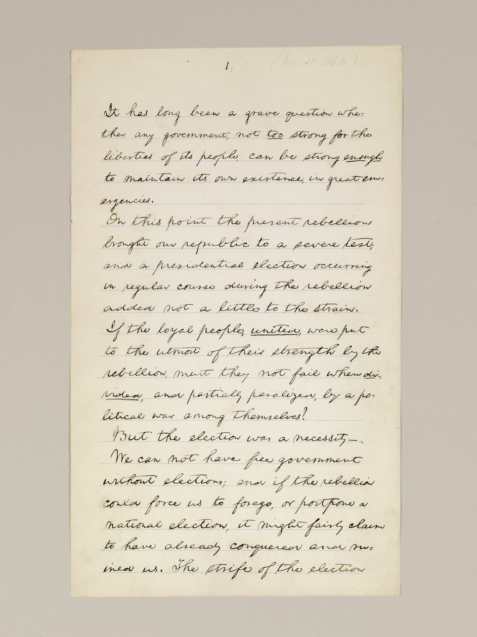 Manuscrito autógrafo do discurso de vitória de Lincoln na eleição como presidente, feito em Washington DC, da janela da Casa Branca na noite de 10 de novembro de Abraham Lincoln