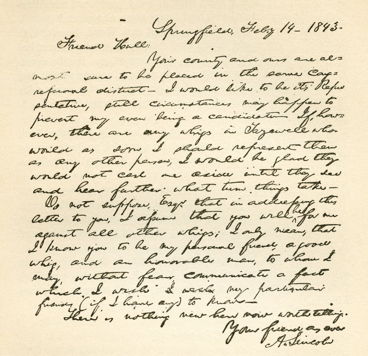 Carta de Abraham Lincoln para Alden Hall, datada de 14 de fevereiro de 1843 de Abraham Lincoln