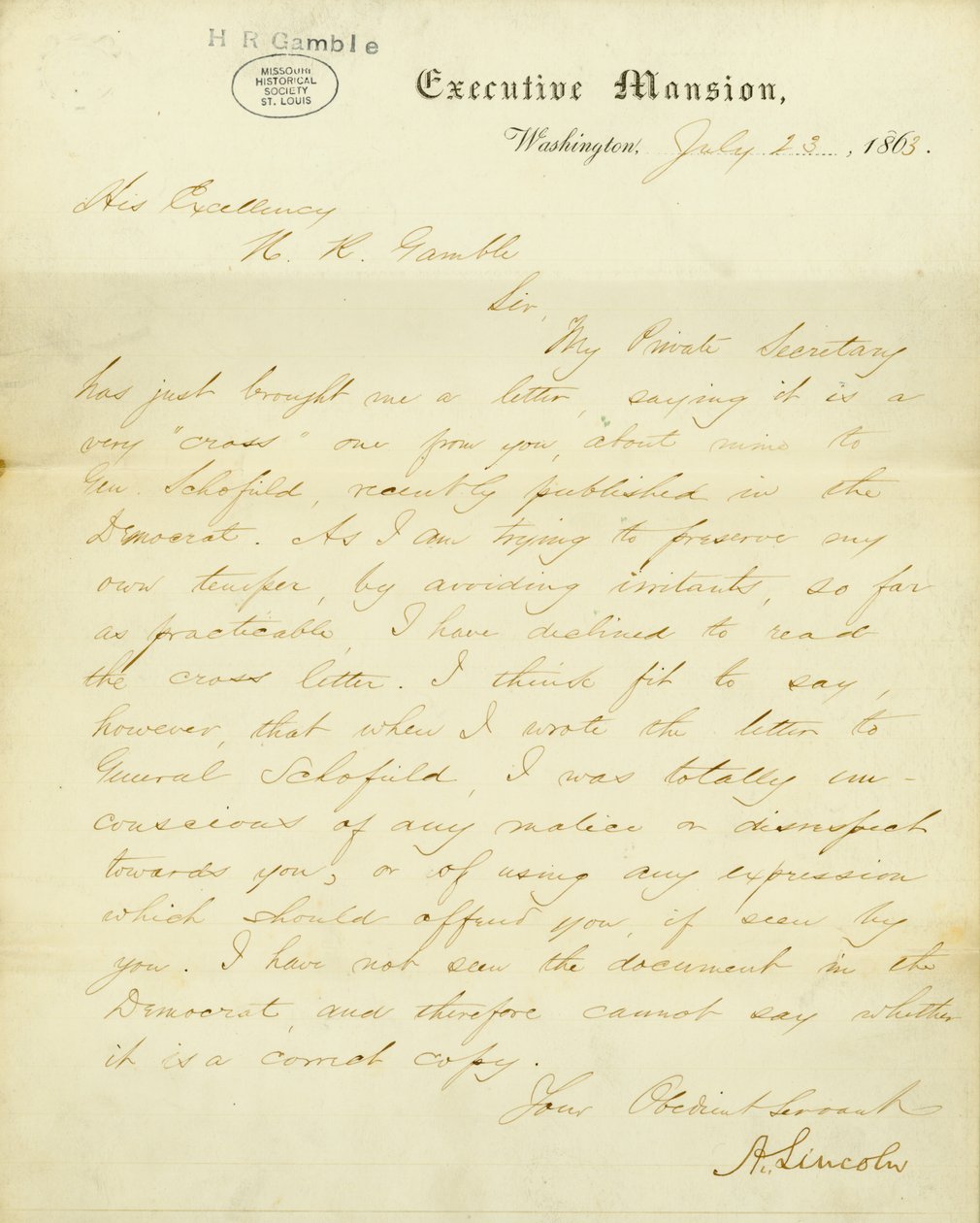 Carta assinada por A. Lincoln, Executive Mansion, Washington, a Sua Excelência, H.R. Gamble, 23 de julho de 1863 de Abraham Lincoln