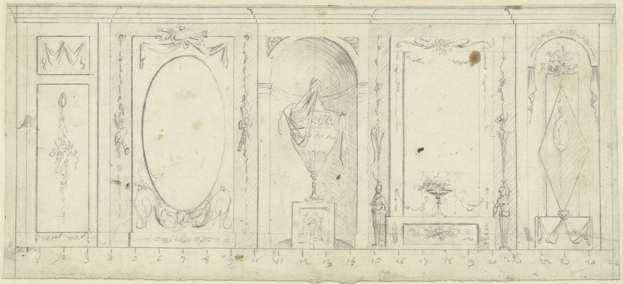Design para decoração de quartos com cinco painéis, o do meio com vaso ornamental de Abraham Meertens