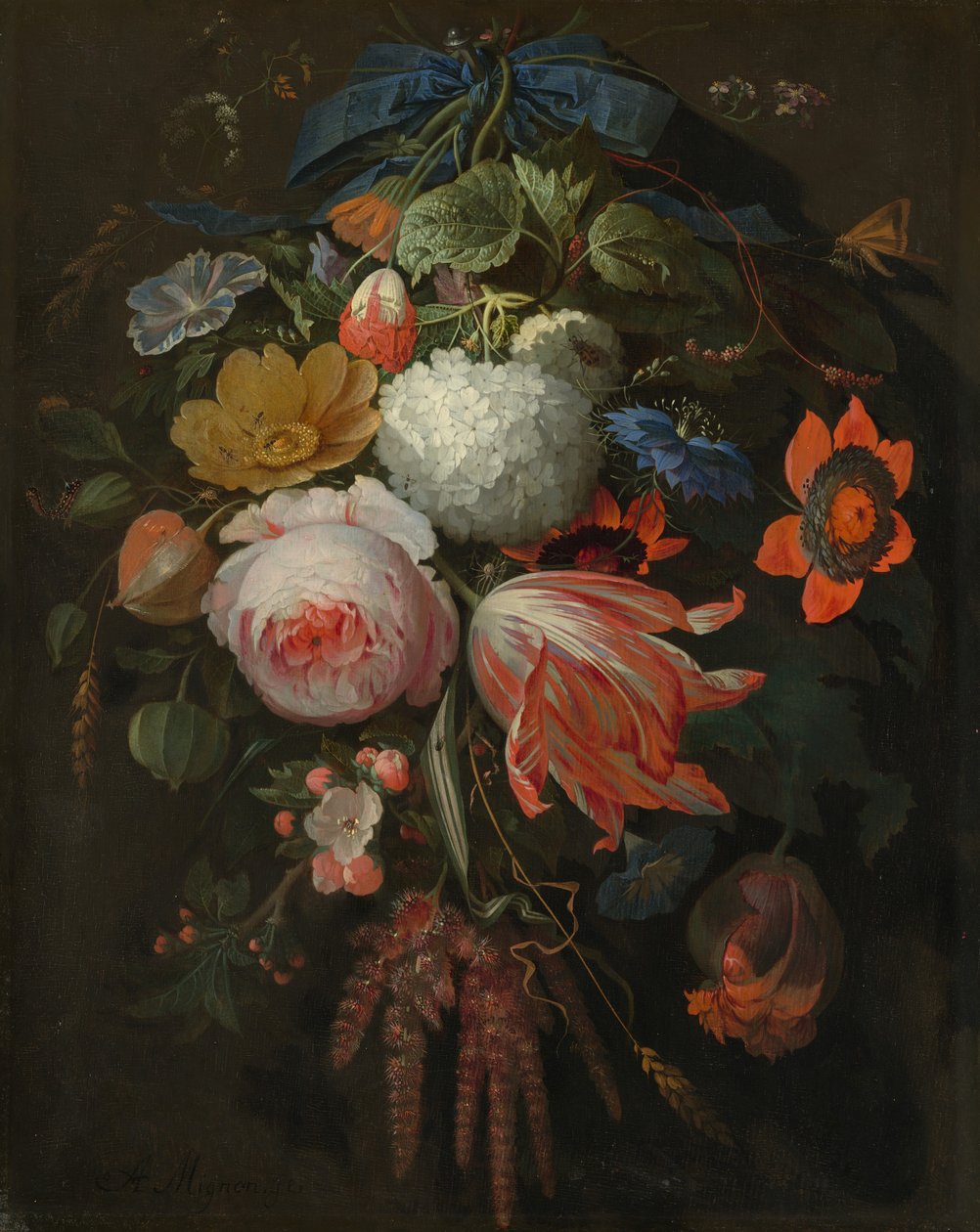 Um buquê de flores pendurado, provavelmente 16651670. de Abraham Mignon