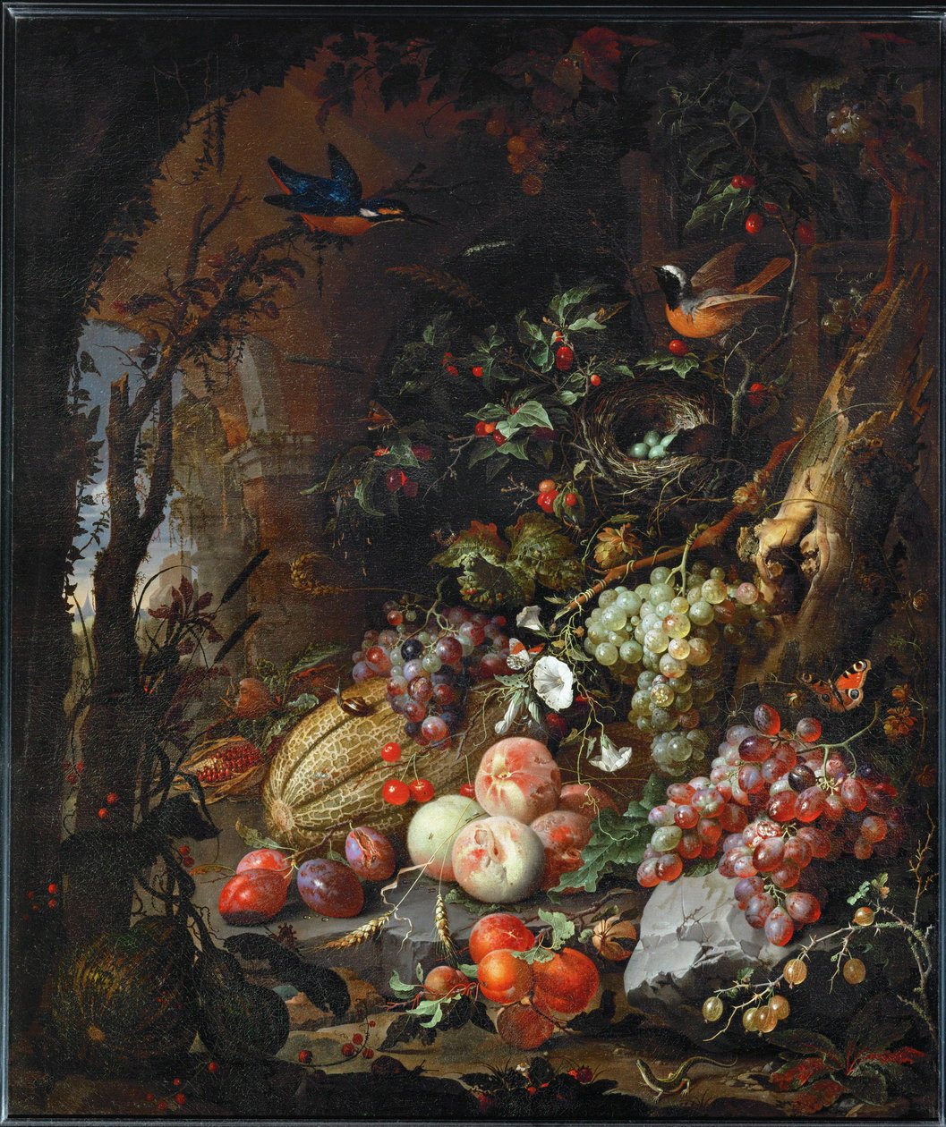 Flores, frutos, pássaros e insectos numa paisagem de ruínas ... de Abraham Mignon