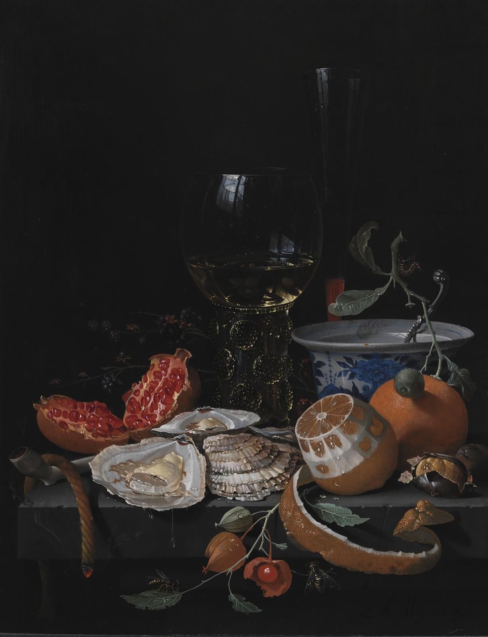 Ostras, frutas e um copo de vinho em uma mesa de pedra de Abraham Mignon