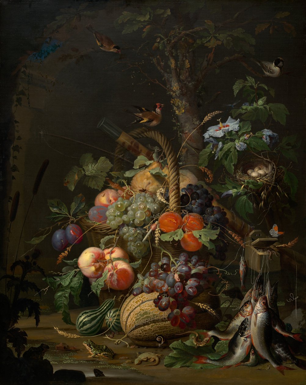 Natureza morta com frutas, peixes e um ninho, c. 1675. de Abraham Mignon