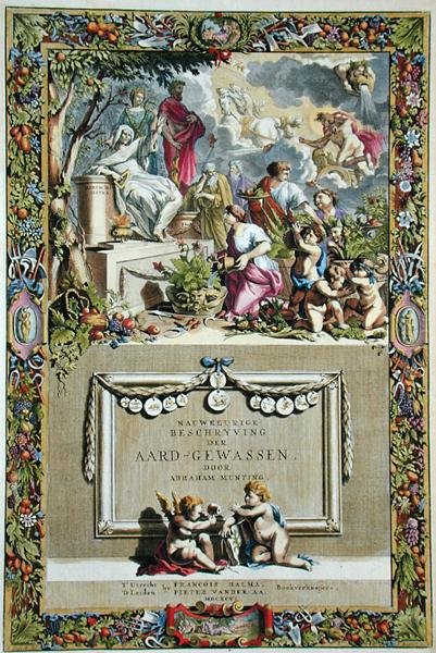 Página de título de "Nauwkerige Beschryving der Aard-Gewassen" de Abraham Munting (1626-83), publicado em 1666 (gravação a cores) de Abraham Munting