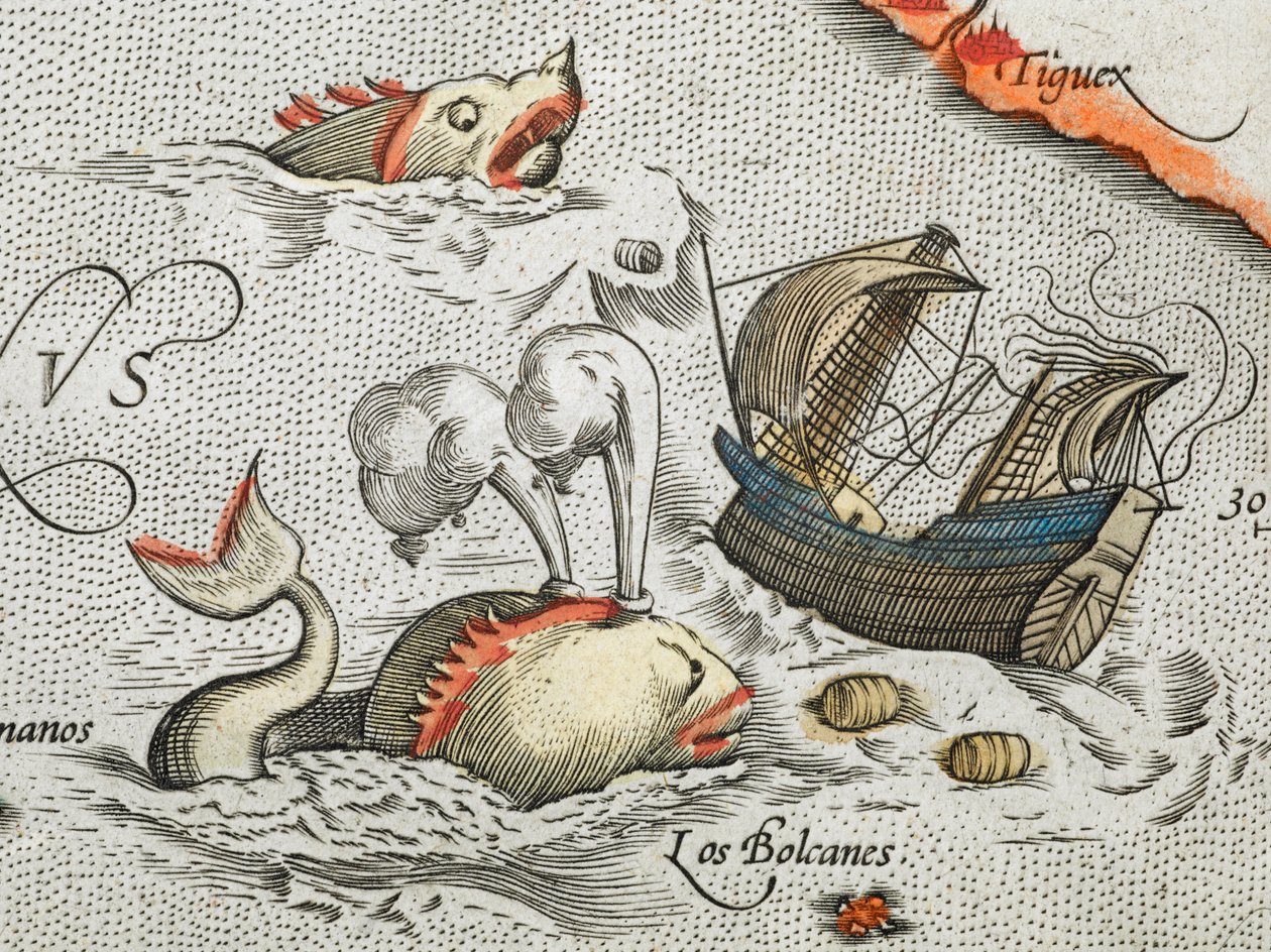 (Detalhe). Monstros marinhos a atacar um navio. de Abraham Ortelius