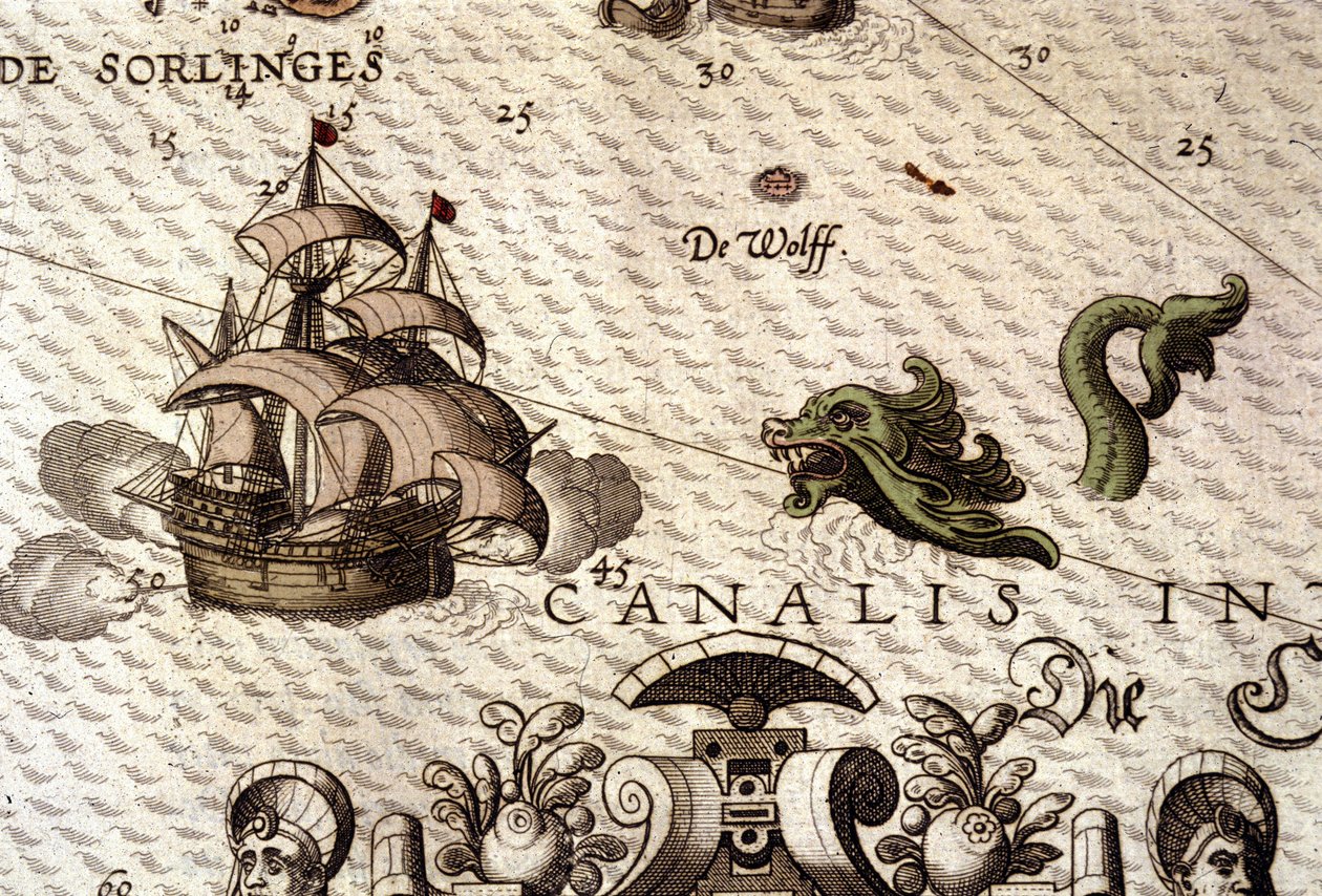 Um monstro marinho a atacar um galeão (caravela). Detalhe de um mapa em "Theatrum Orbis Terrarum" de Abraham Ortelius, Antuérpia 1584. de Abraham Ortelius