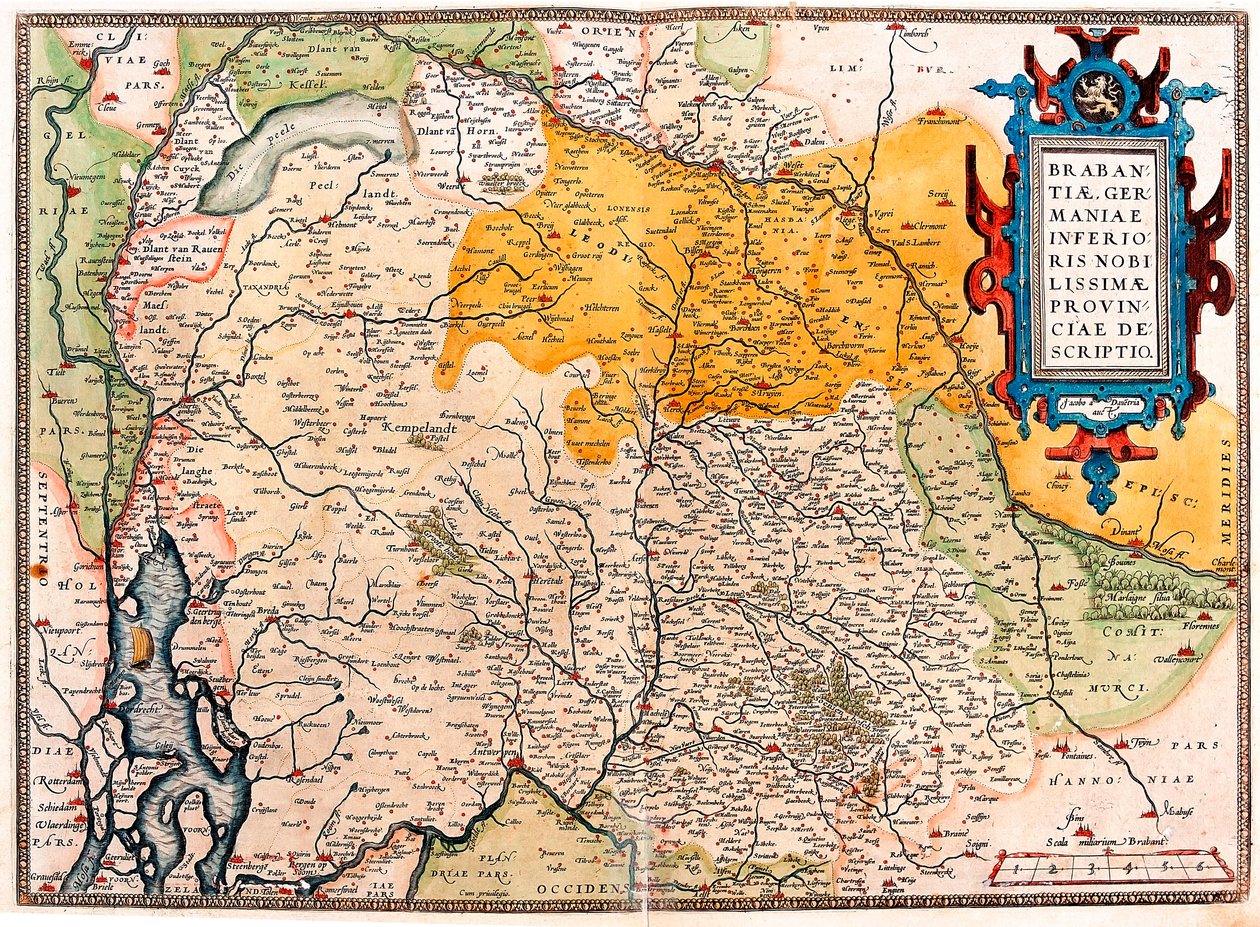 Brabantiae Germaniae Inferioris Nobilissimmae Provinciae Descriptio Mapa geográfico do território ao sul da Holanda Germanic (Kempeland) retirado do "Theatrum Orbis Terrarum" de Abraham Ortelius (Oertel, Ortell ou Ortel) de Abraham Ortelius