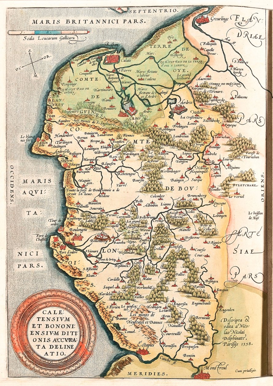 Caletensium et Bononiensium Ditionis Accurata Delineatio Mapa geográfico do território de Boulonnais (Comte de Boulogne), Artois e Flandres Francesa (França) incluindo os lugares de Calais, Arches, Greuelinge, Etaples e Montreuil... retirado de "Theatrum O de Abraham Ortelius