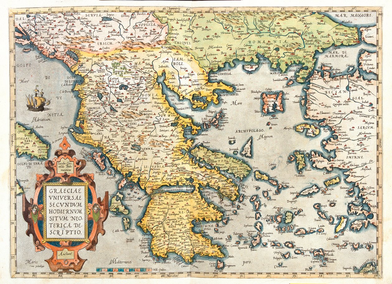 Croácia (circunscrição: Dubrovnik-Neretva), sul da Bósnia-Herzegovina, sul da Sérvia, sul da Bulgária, Montenegro, Albânia, Macedónia, Grécia, Turquia Ocidental de Abraham Ortelius