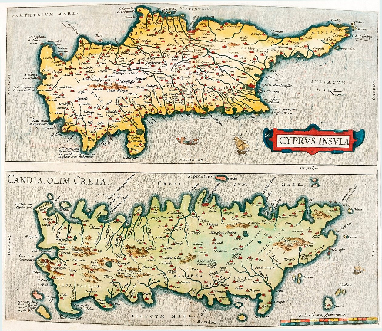 Ilha de Chipre - Candia, olim Creta Mapa geográfico das ilhas mediterrâneas de Chipre e Creta na Grécia do "Theatrum Orbis Terrarum" de Abraham Ortelius (Oertel, Ortell ou Ortel) de Abraham Ortelius
